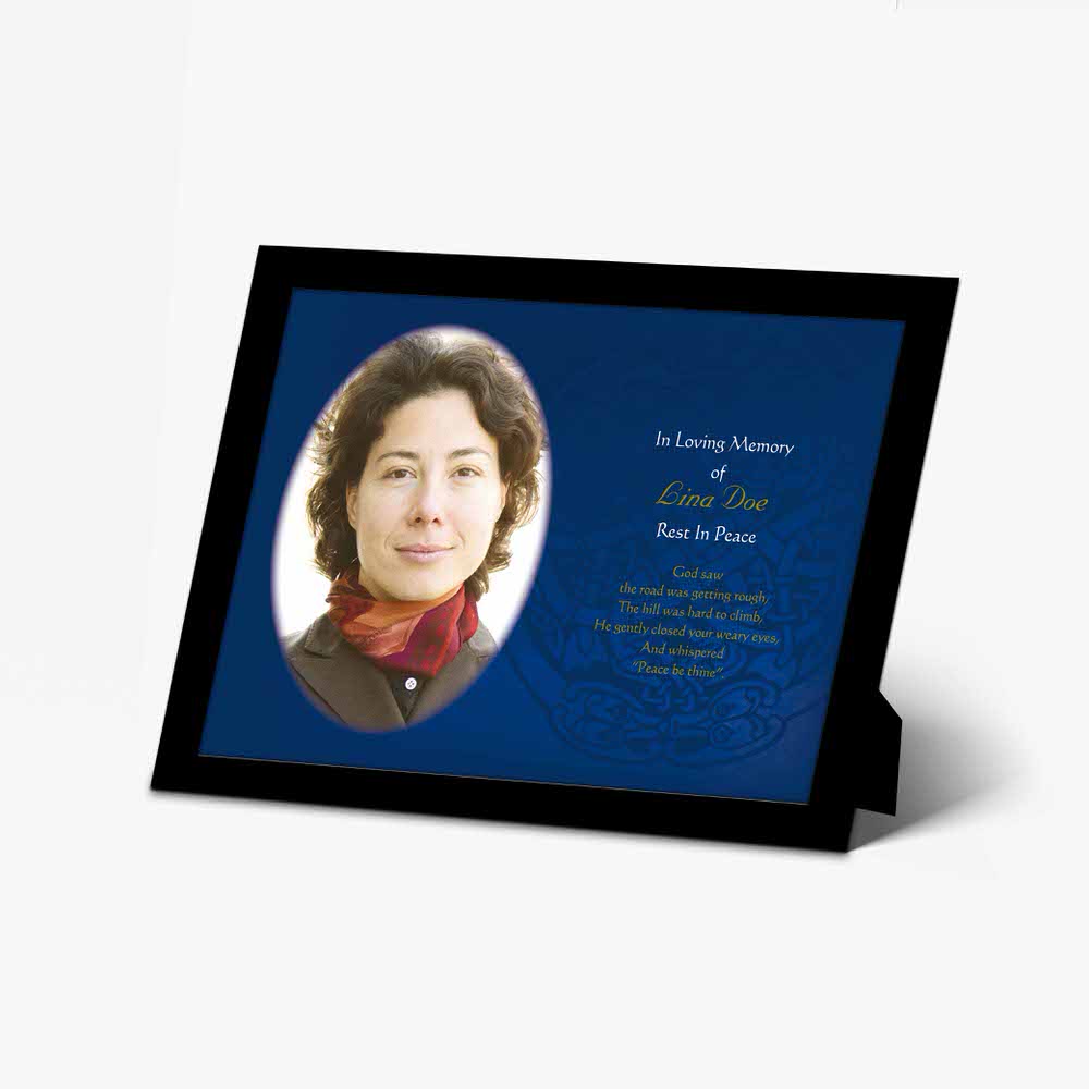 a funeral photo frame with a blue background and a woman's face