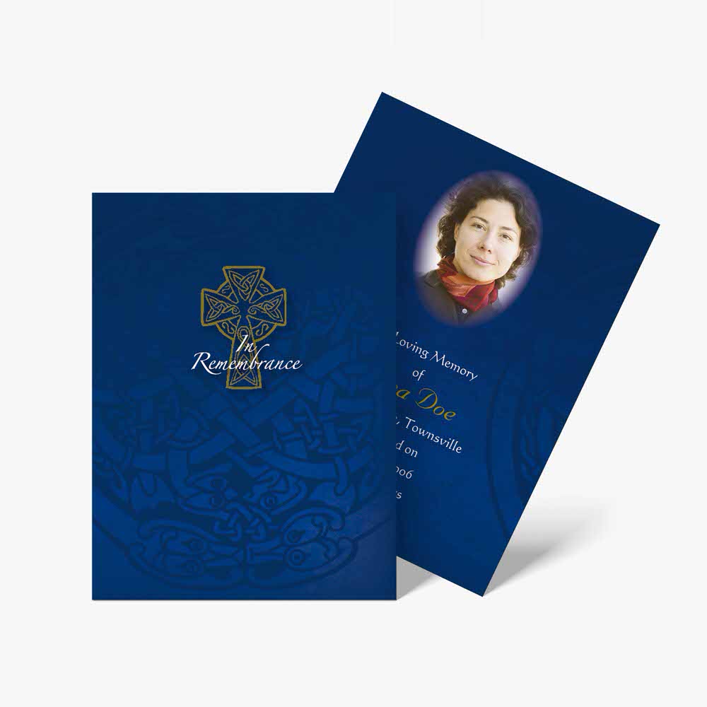 a blue and gold funeral program with a photo of a woman
