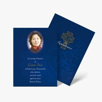 a blue and gold funeral card with a photo of a woman