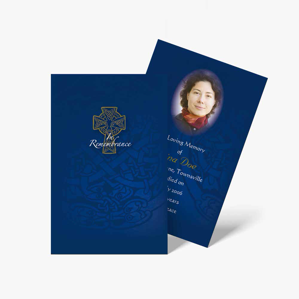a blue and gold funeral card with a photo of a woman