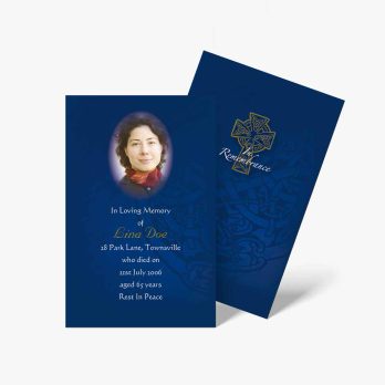 a blue and gold funeral card with a photo of a woman