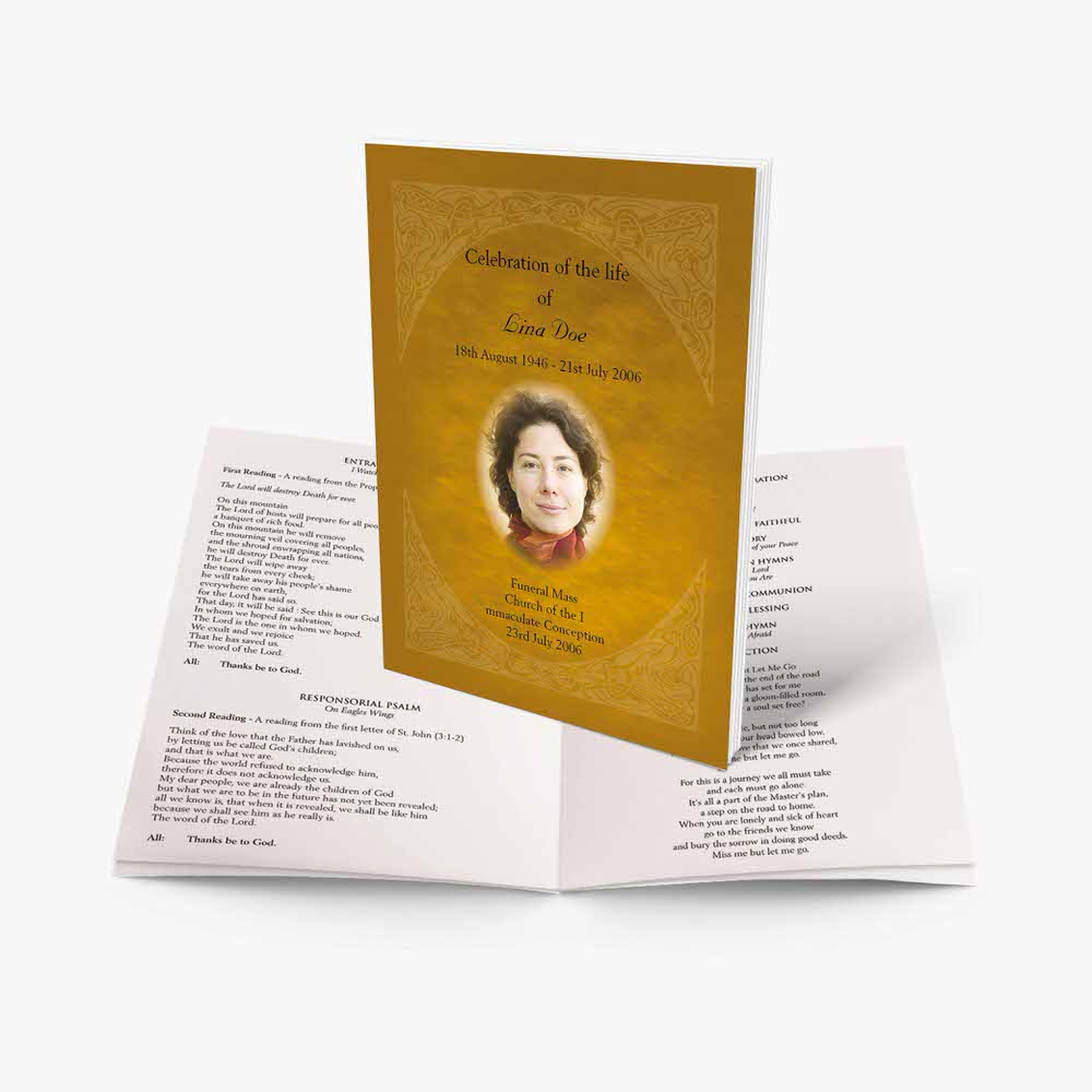 a yellow funeral program with a photo of a woman in a gold dress