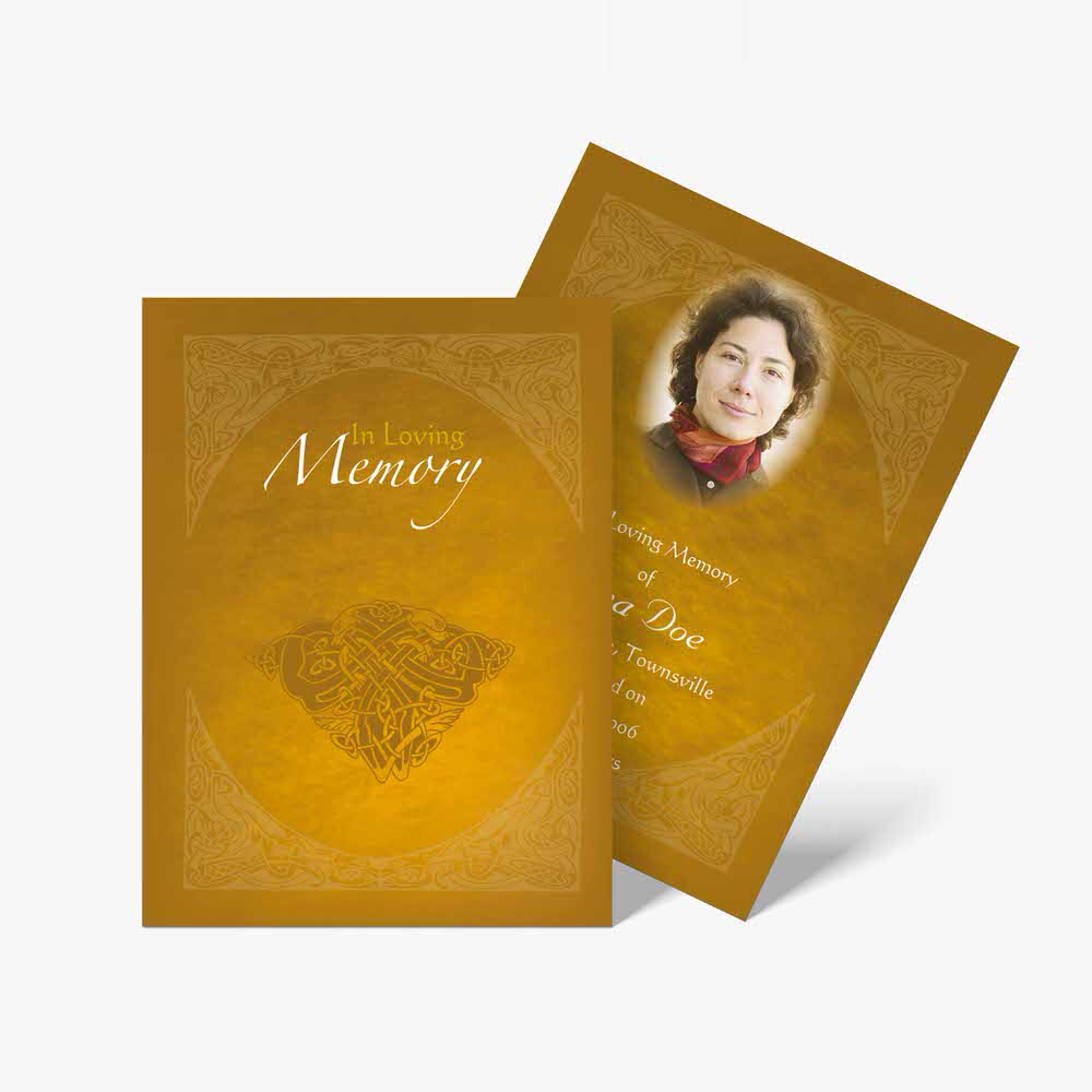 a funeral card with a photo of a woman in a gold frame