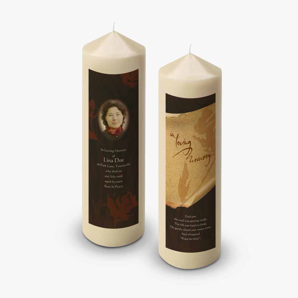 a candle with a photo of a woman on it