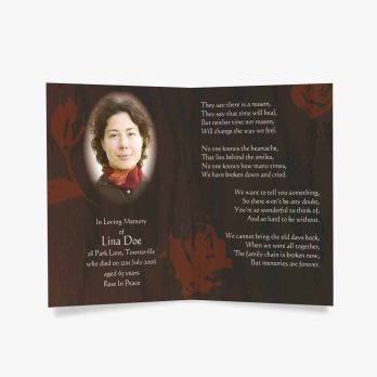 a funeral card with a photo of a woman in a red dress