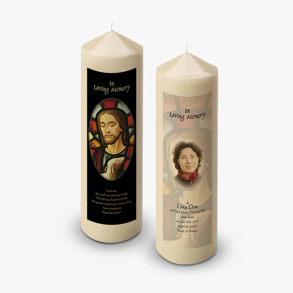 a candle with a picture of jesus and a woman on it