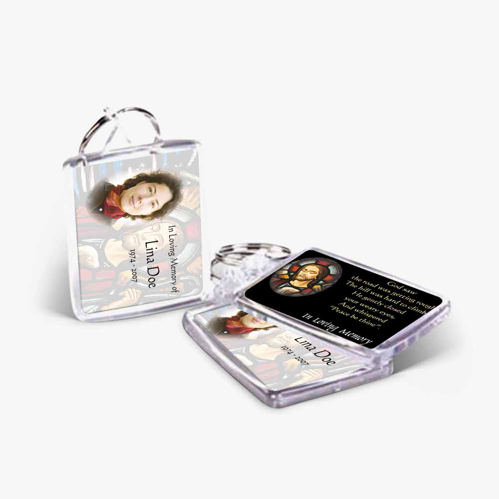a key chain with a picture of a woman on it