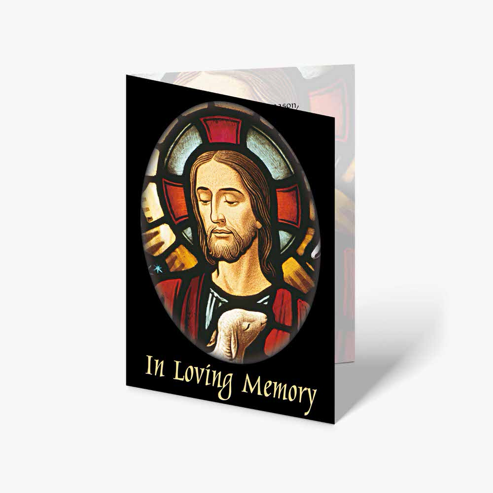 person memorial card with a stained glass image of jesus