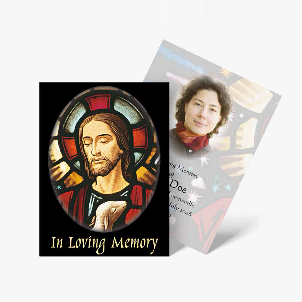 funeral cards with jesus in stained glass