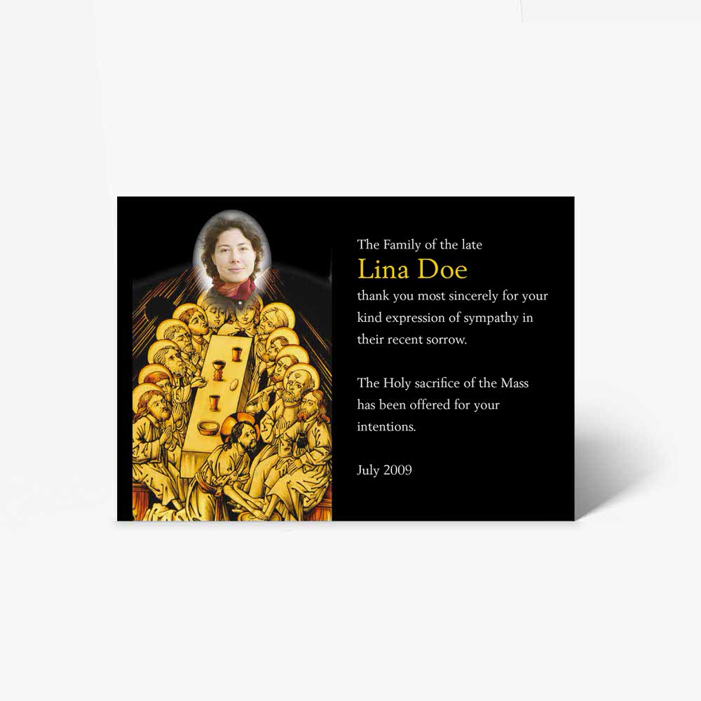 a funeral card with a picture of a woman in a gold dress