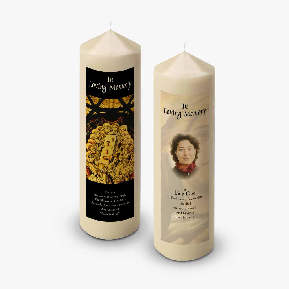 two candles with pictures of a woman and a man on them