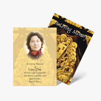 a funeral card with a picture of a woman and a gold background