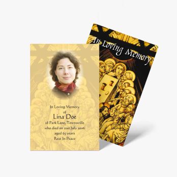 a funeral card with a picture of a woman and a picture of the church