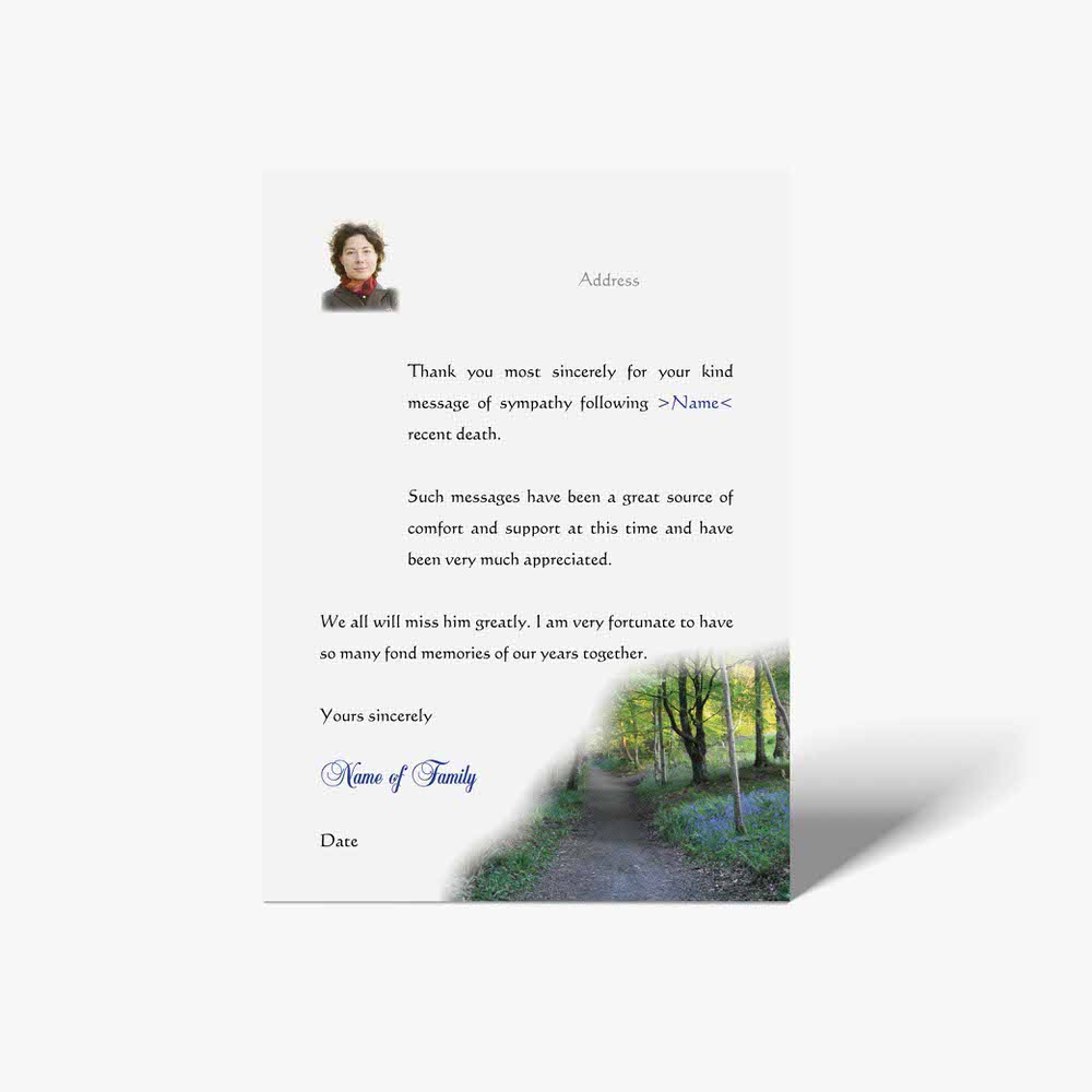 thank you card with a photo of a path in the woods