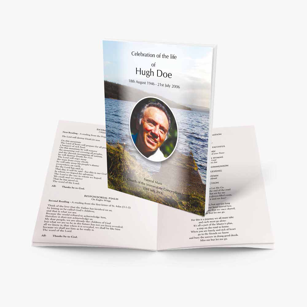 a funeral booklet with a photo of a man on the front and a poem on the back
