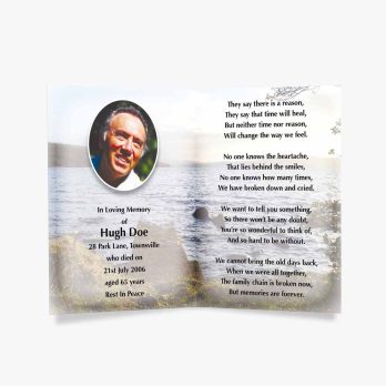 a memorial card with a photo of a man on the beach