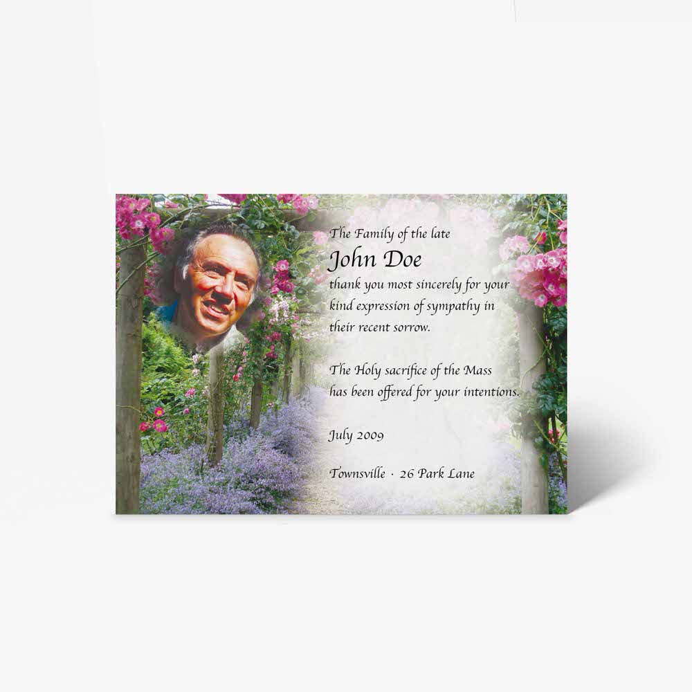 funeral card with photo of a man in a garden
