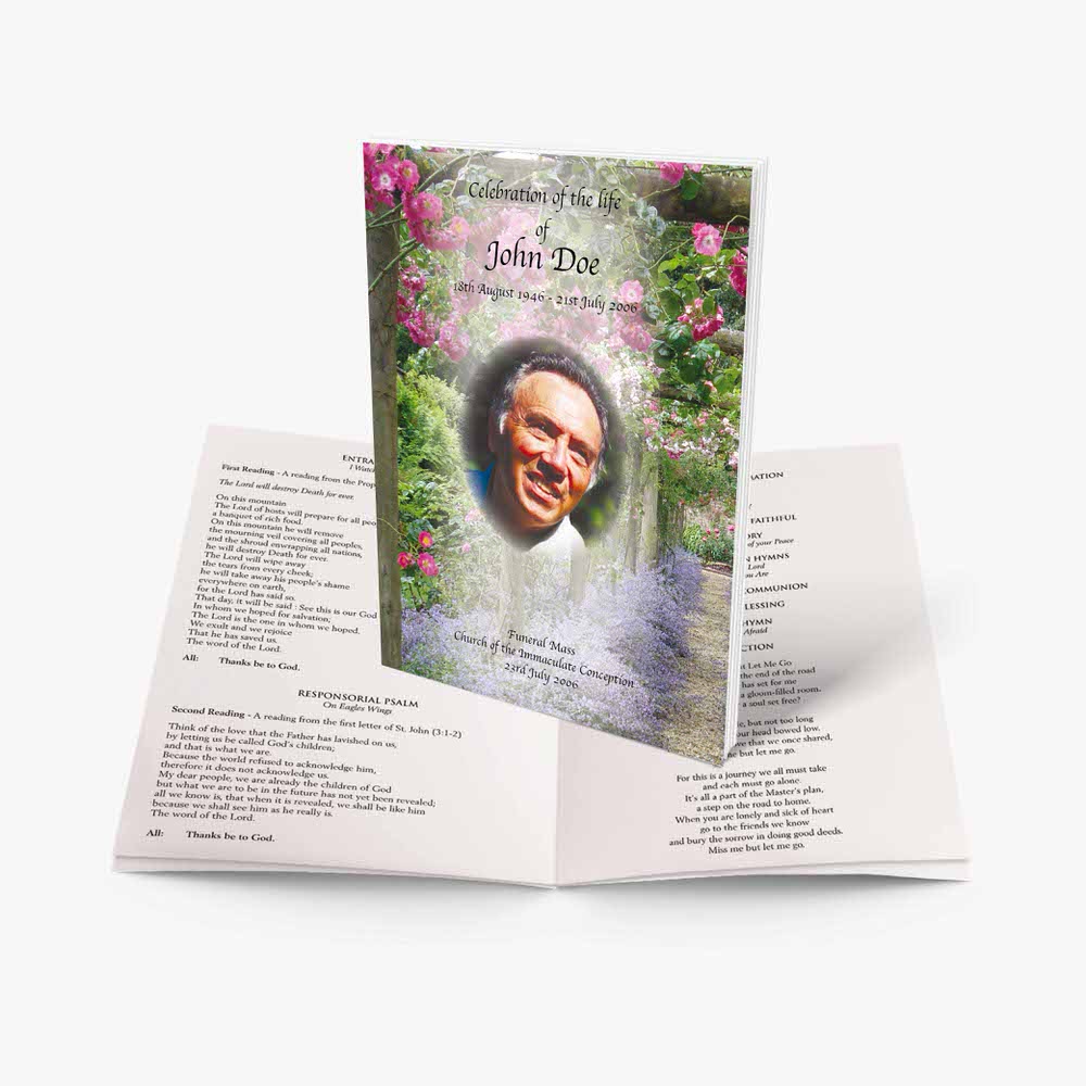 a funeral booklet with a photo of a man in a garden