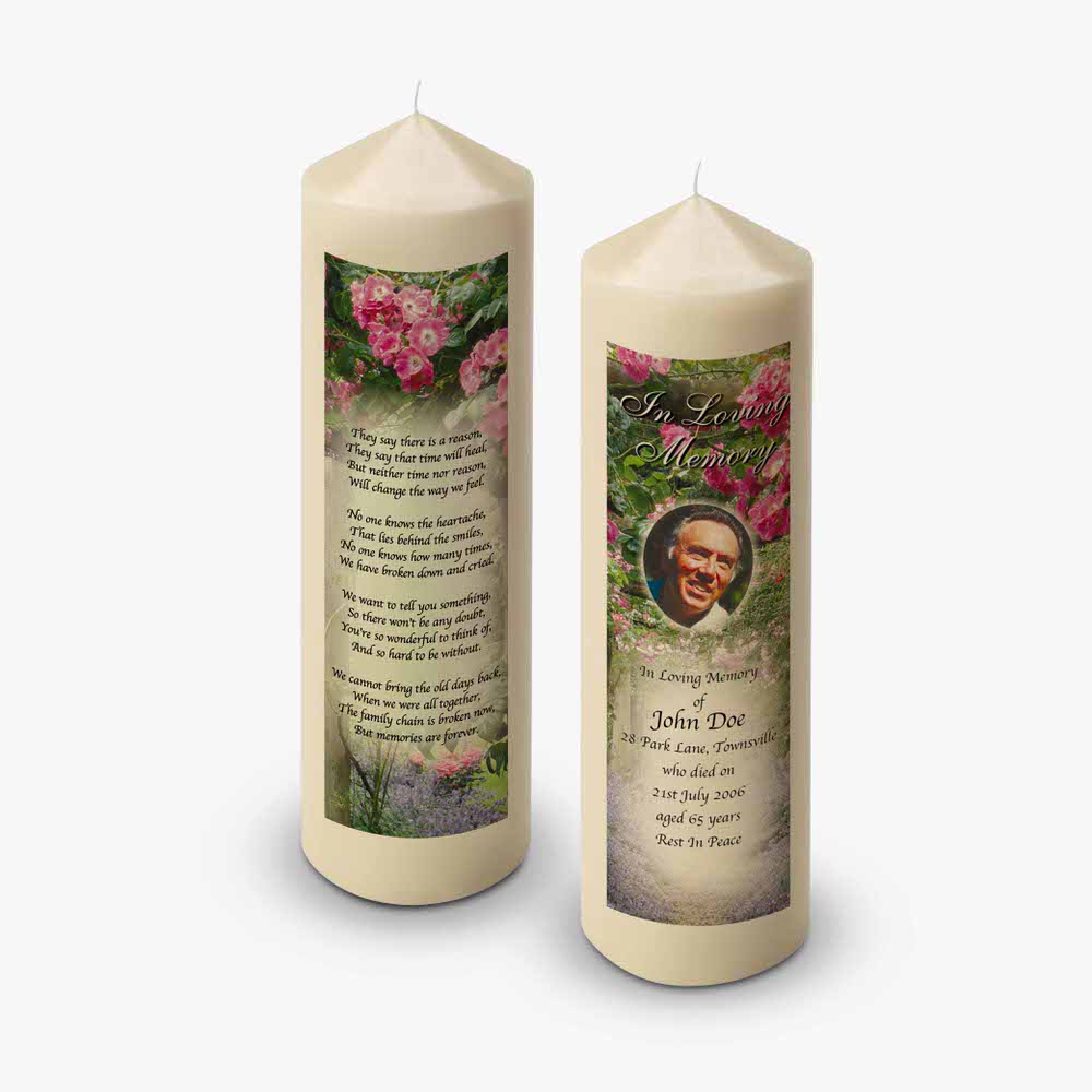 a memorial candle with a poem and a picture of a flower