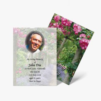 a funeral card with a photo of a man in a garden