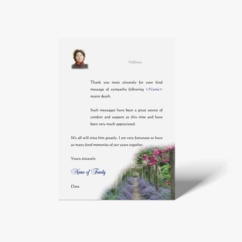 thank you card with a photo of a garden