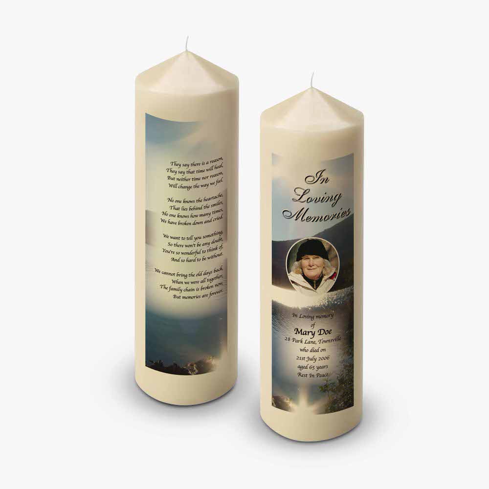 a candle with a poem on it and a picture of a person