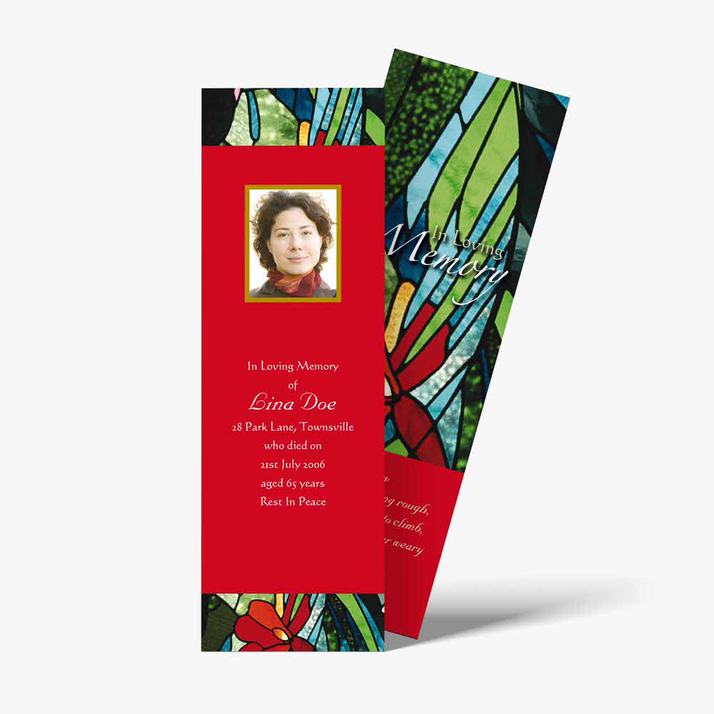 a red and black bookmark with a photo of a woman