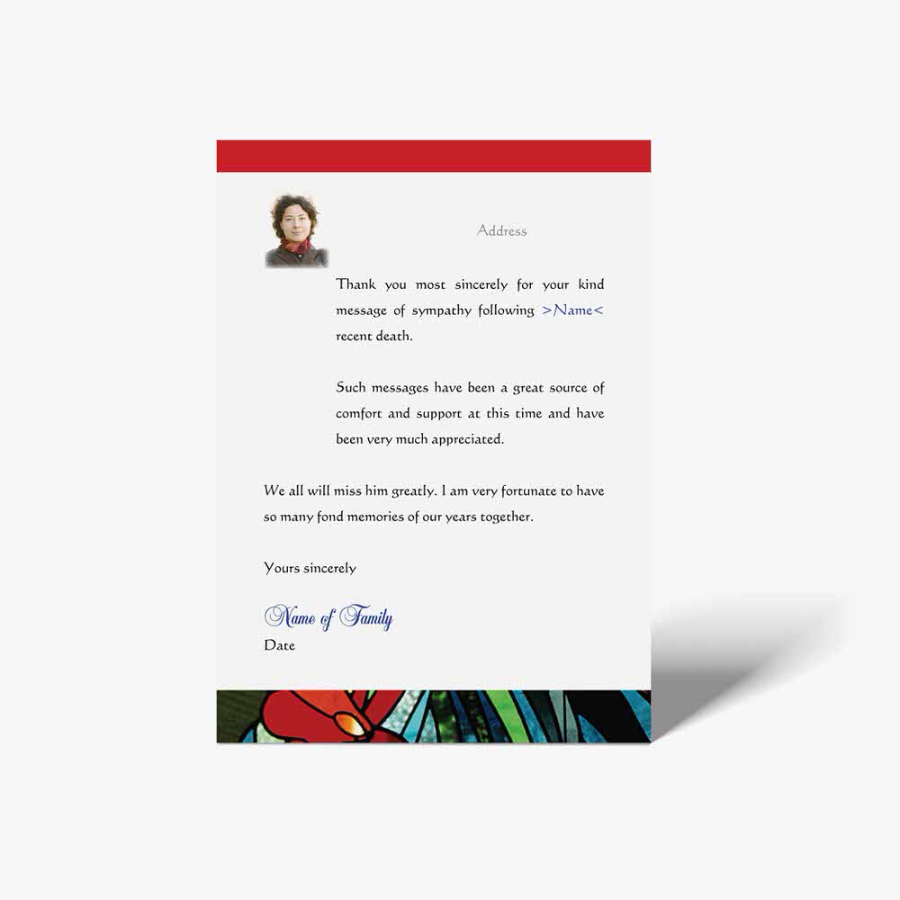 a thank you card with a red border and a picture of a woman