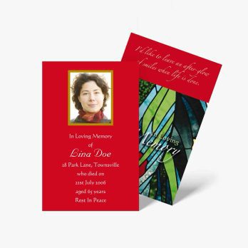 a red and green funeral card with a photo of a woman