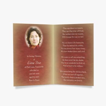 a red and gold funeral card with a photo of a woman in a red dress