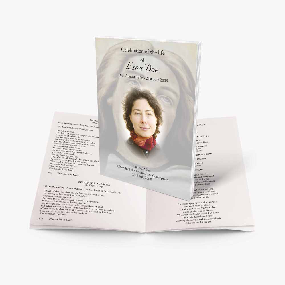 a funeral booklet with a woman's face on it
