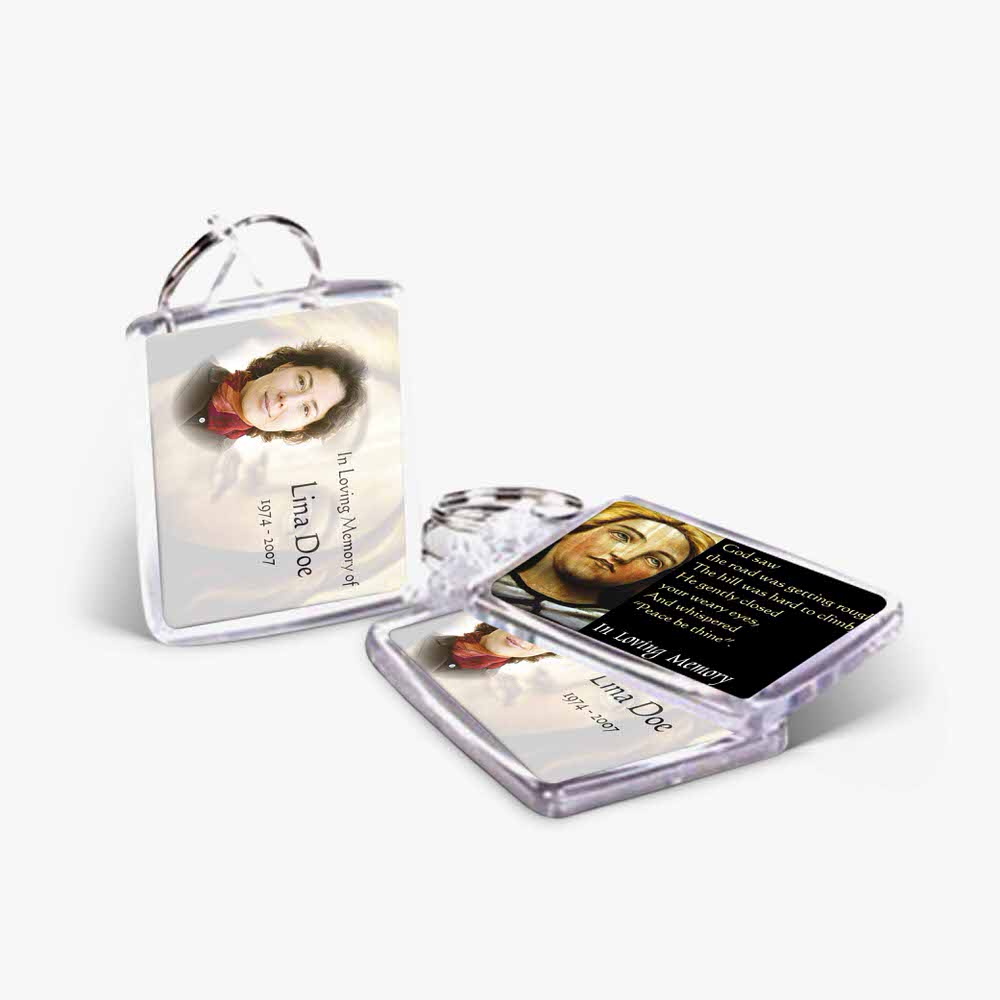 a key chain with a photo of a woman and a quote
