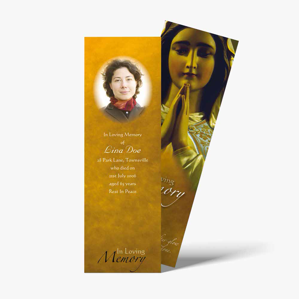 a bookmark with a picture of a woman praying
