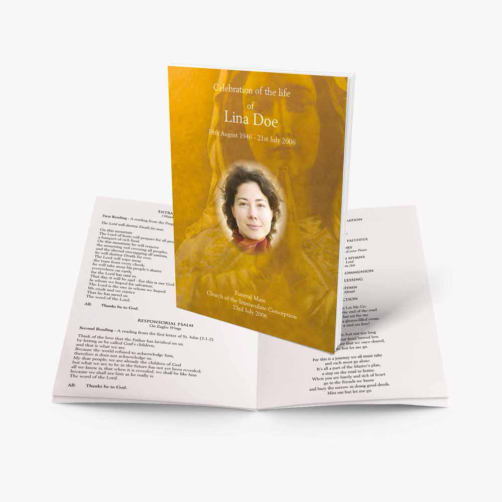 a funeral program template with a photo of a woman in a yellow dress