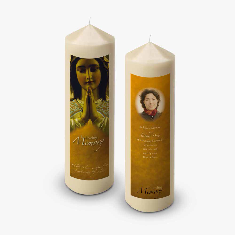 a candle with a picture of a woman on it