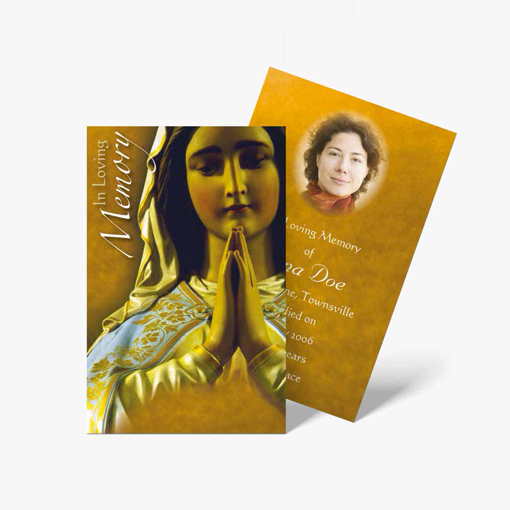 a prayer card with a picture of mary and a gold background