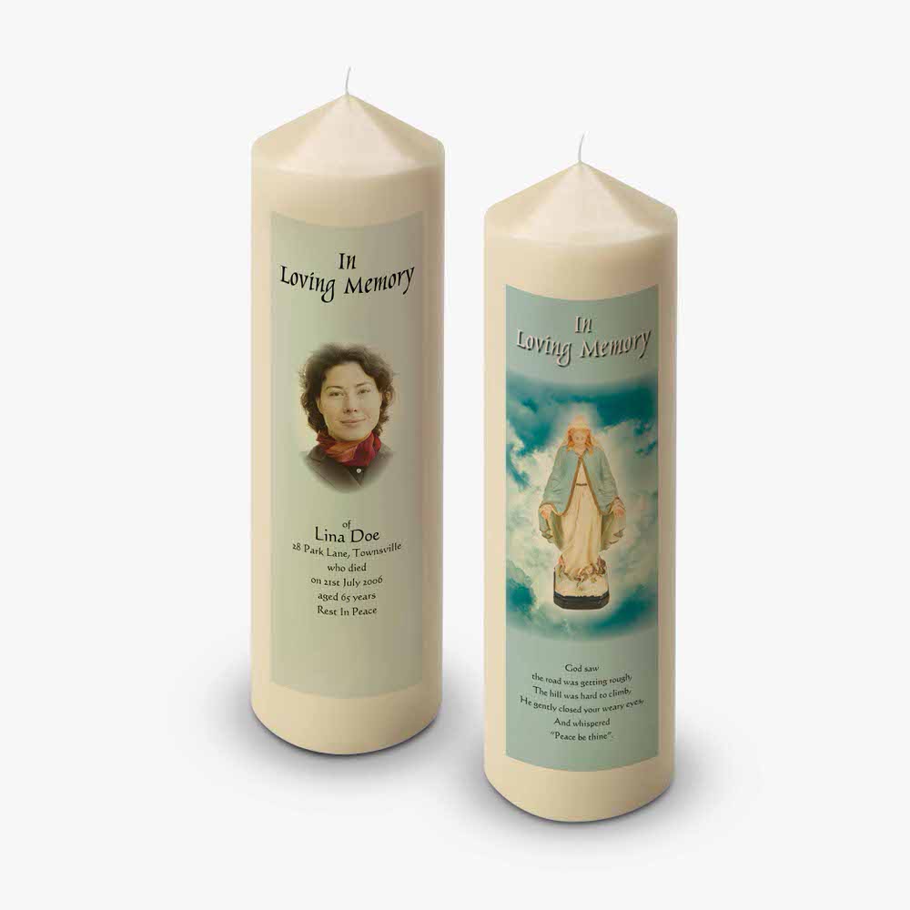 two candles with a picture of a woman on them