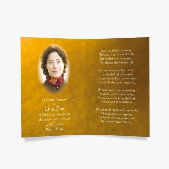 a beautiful funeral card with a photo of a woman in a gold background
