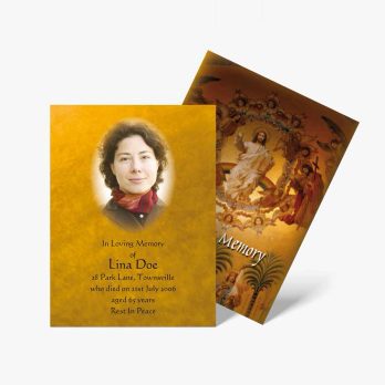 a funeral card with a picture of a woman and a picture of the cross