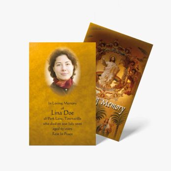 a funeral card with a picture of a woman and a gold background