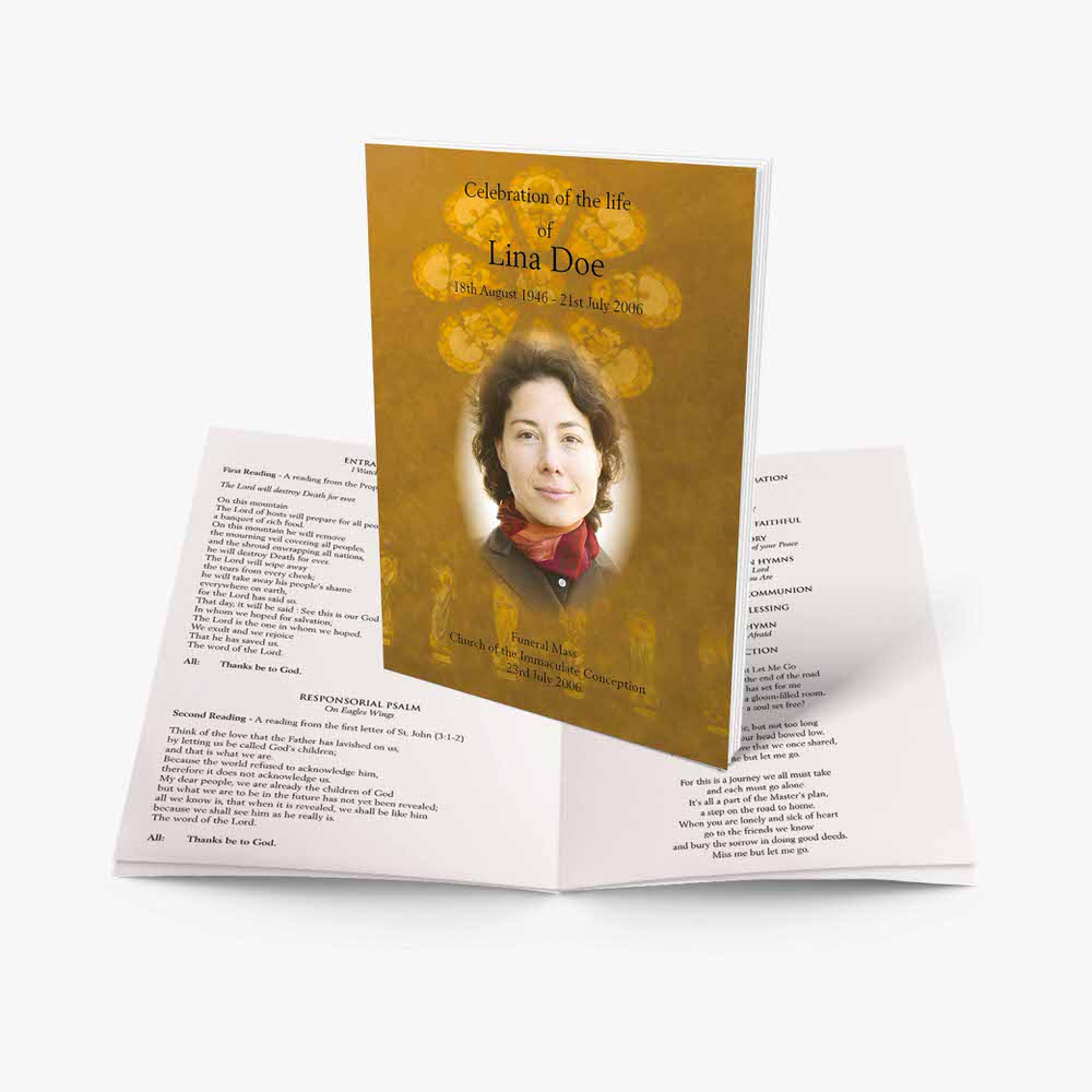 a funeral program template with a photo of a woman in a red dress
