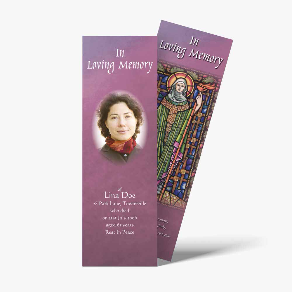 a bookmarks with a photo of a woman in a purple dress