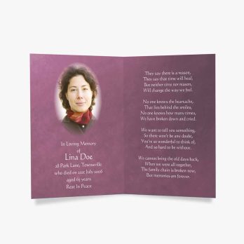 a purple funeral card with a photo of a woman in a purple dress