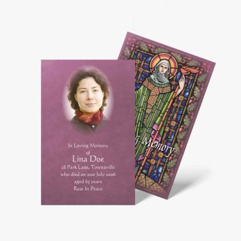 a purple card with a photo of a woman in a church