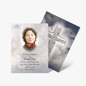 funeral cards with a photo of a woman in the clouds