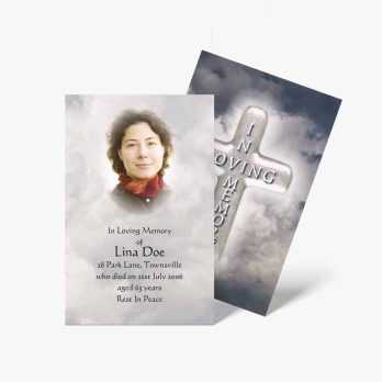 funeral cards with a cross and a woman's face