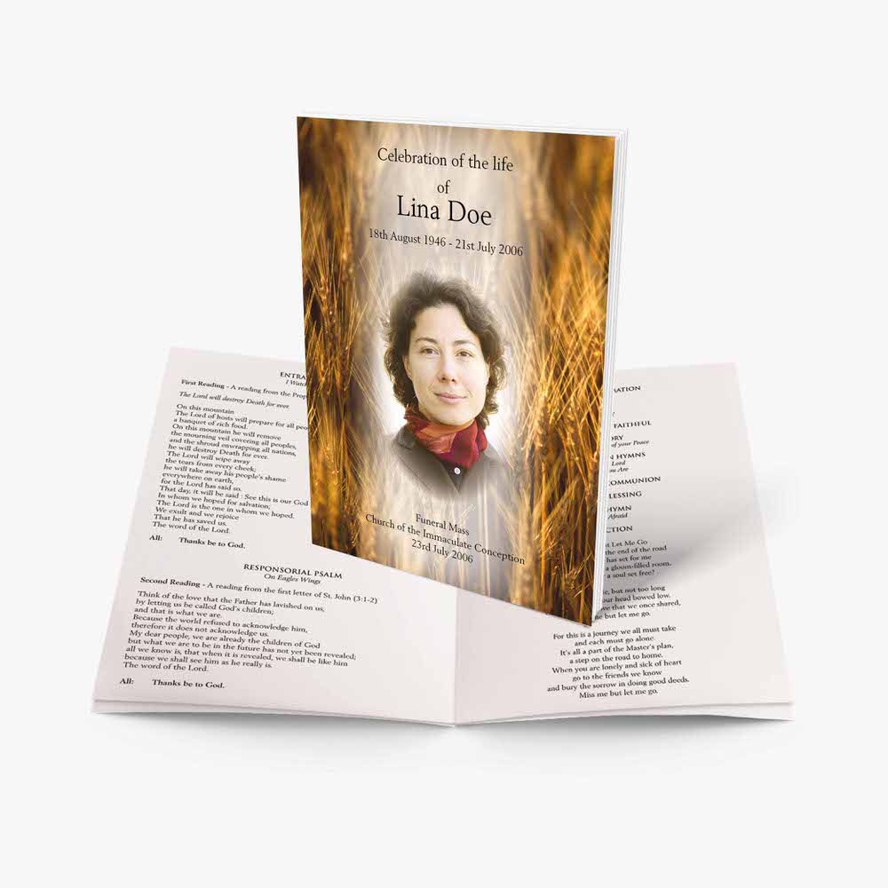 a funeral program template with a photo of a woman in a field