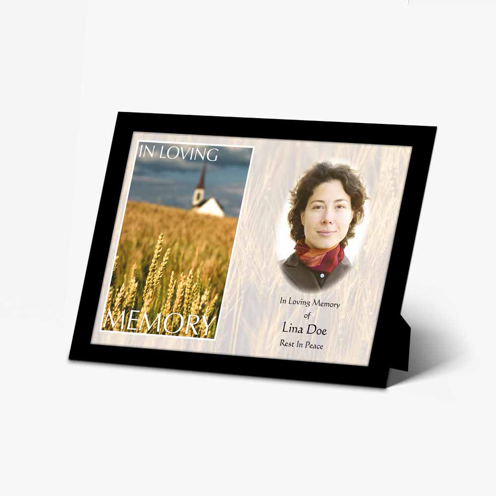 memorial photo frame with a photo of a woman in a field