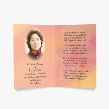 a funeral card with a photo of a woman in a red scarf