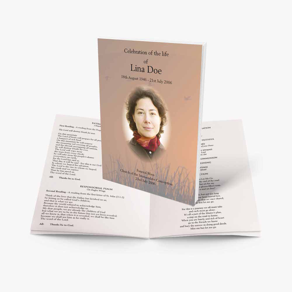 a funeral program template with a photo of a woman in a field